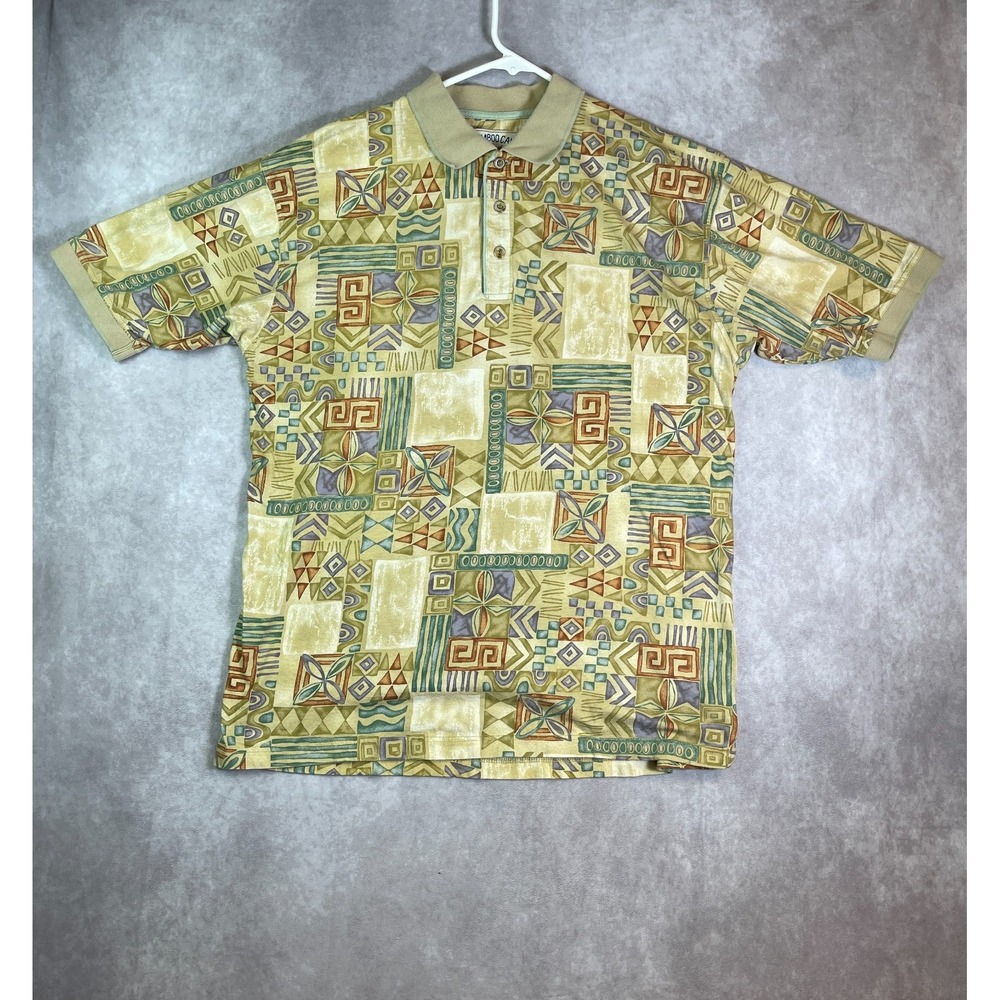 Bamboo Cay Polo Shirt Mens Large Gold Tribal Floral Geometric Hawaiian AOP